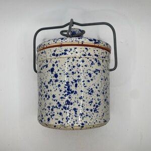Vintage blue and white speckled spatterware stoneware crock, cheese/butter crock